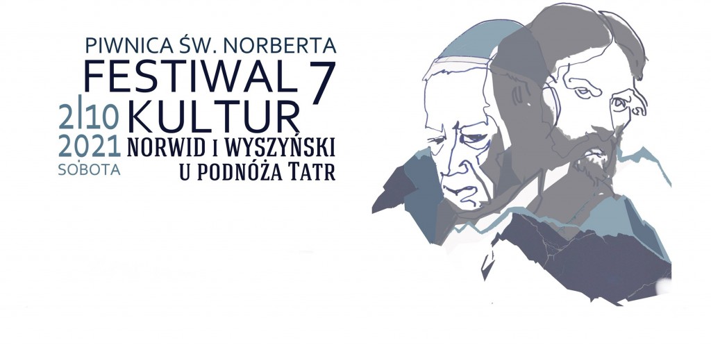 Plakat festiwalu grafika przedstawiająca uproszczone wizerunki Wyszyńskiego i Norwida