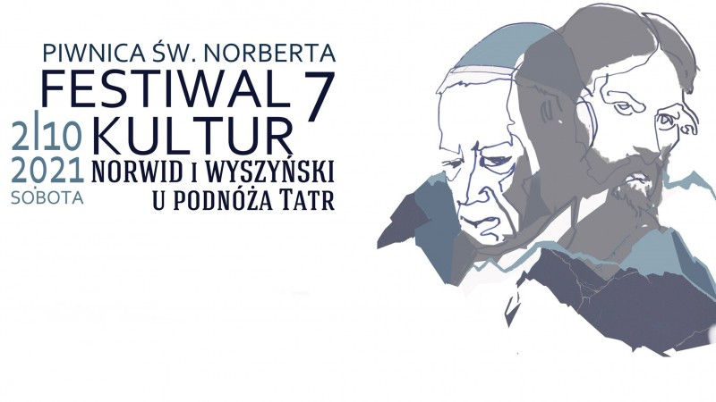 Plakat festiwalu grafika przedstawiająca uproszczone wizerunki Wyszyńskiego i Norwida